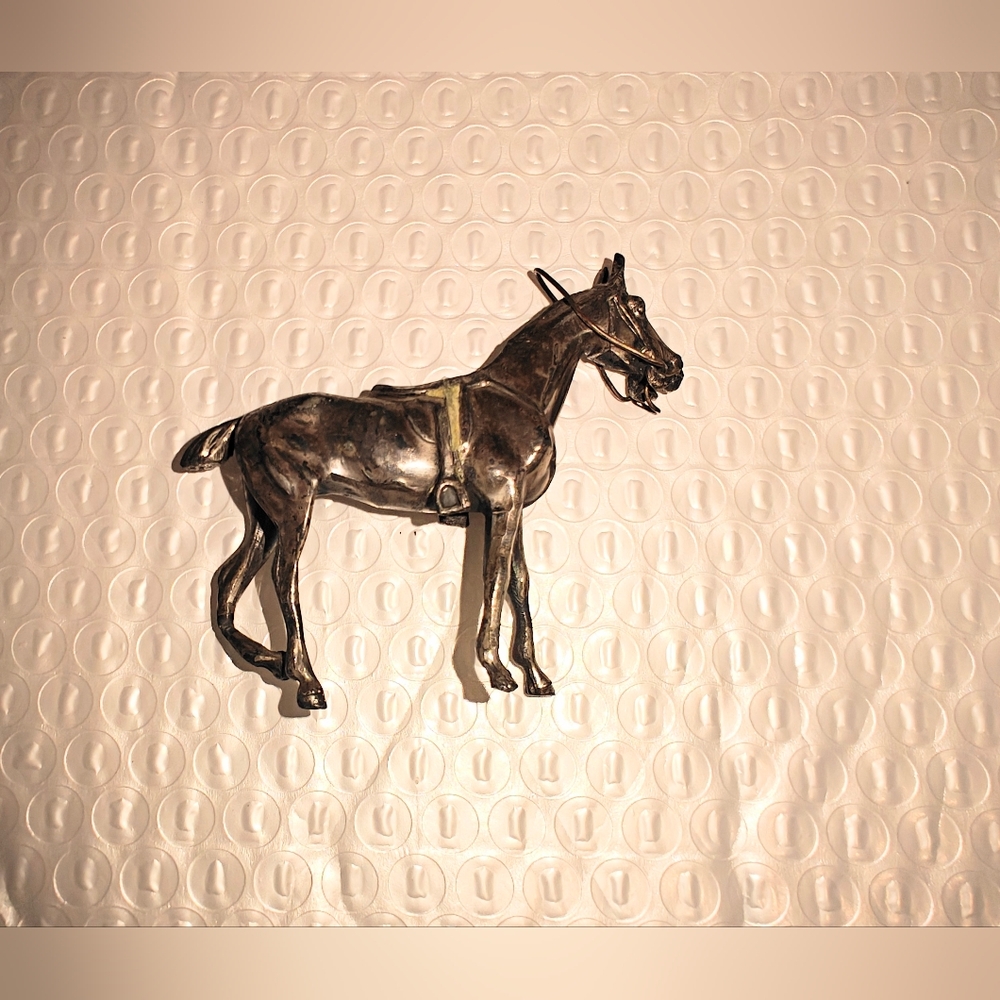 Vintage Metal Silver Horse With Saddle And Moving Rein